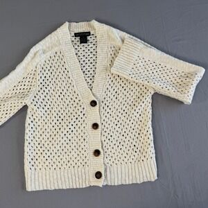Open Stitch Cardigan Sweater‎ Womens Cream Small Button Front Boho Summer Beach